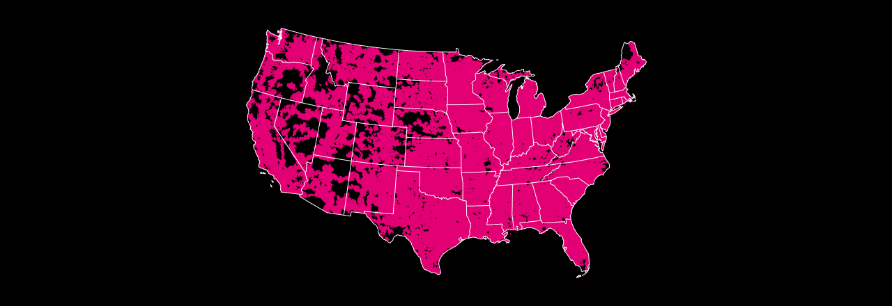 Map comparing 5G coverage across the United States for T-Mobile, AT&T, and Verizon. T-Mobile’s 5G coverage is larger than AT&T and Verizon. T-Mobile shows widespread magenta-colored coverage across most of the country. AT&T shows less extensive blue coverage. Verizon shows red coverage that is more limited. Map allow users to compare networks side-by-side.