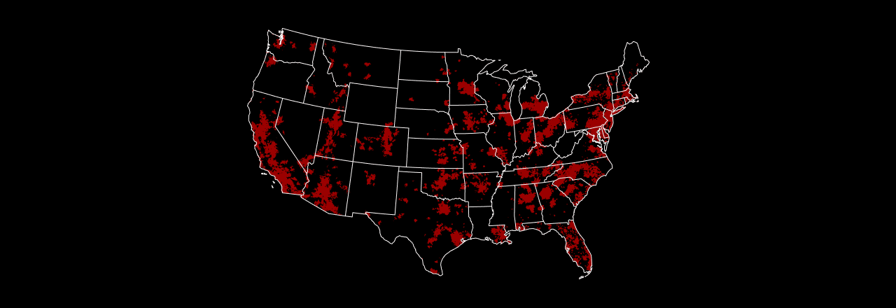 Map comparing 5G coverage across the United States for T-Mobile, AT&T, and Verizon. T-Mobile’s 5G coverage is larger than AT&T and Verizon. T-Mobile shows widespread magenta-colored coverage across most of the country. AT&T shows less extensive blue coverage. Verizon shows red coverage that is more limited. Map allow users to compare networks side-by-side.