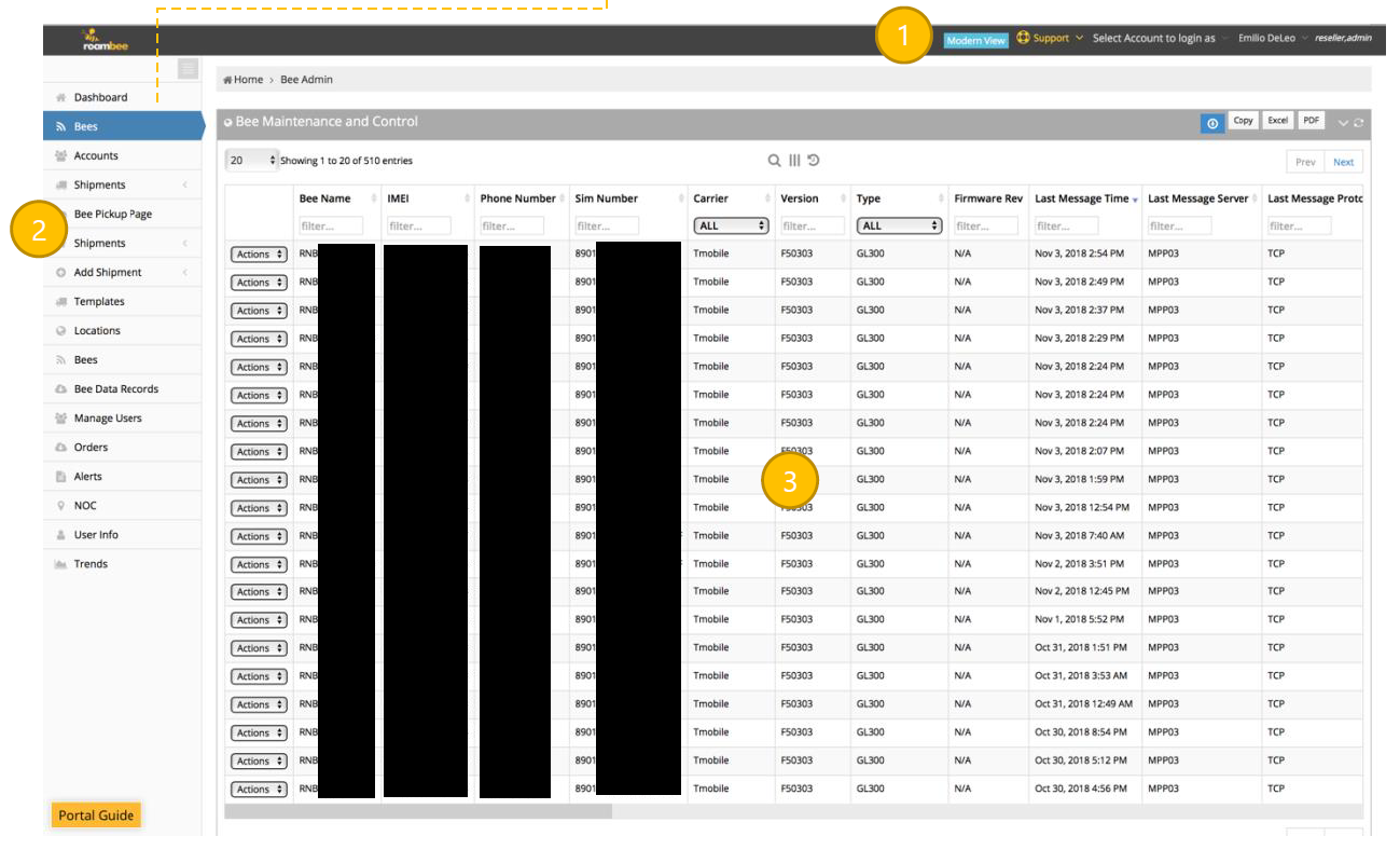 The Roambee portal. In the top, right corner is the Main bar. On the left is the Module Menu. To the right of the Module Menu and below the Main Bar is the Screen Area.
