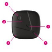 The front of the SyncUP TRACKER. In the top, left corner is the Power button. Below the power button is the LED indicator. In the bottom left corner is the temperature sensor. In the middle of the device is the speaker. In the bottom right corner is the light sensor.